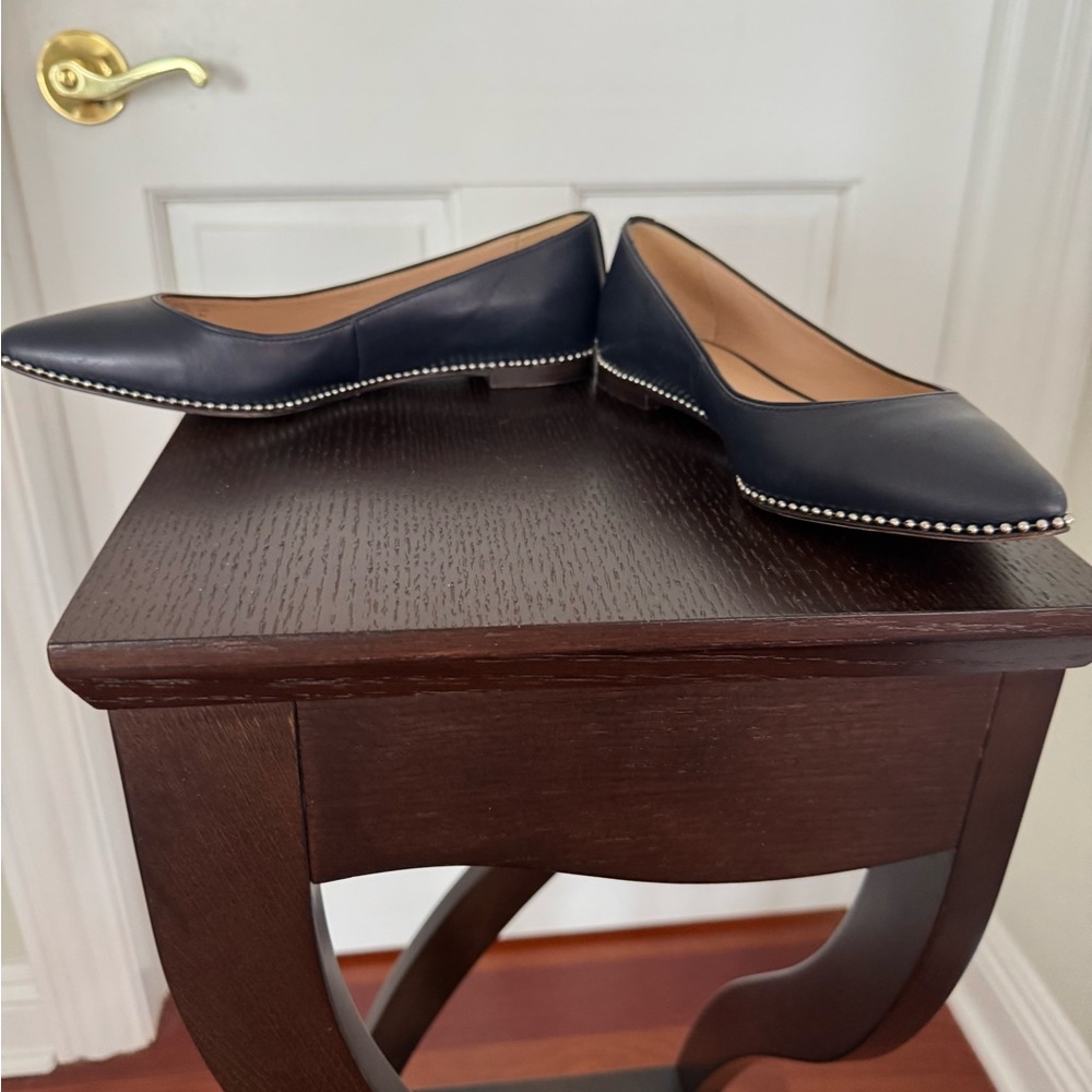 COACH Navy Pointed Leather Flats with Silver Stud Trim - Picture 2 of 5